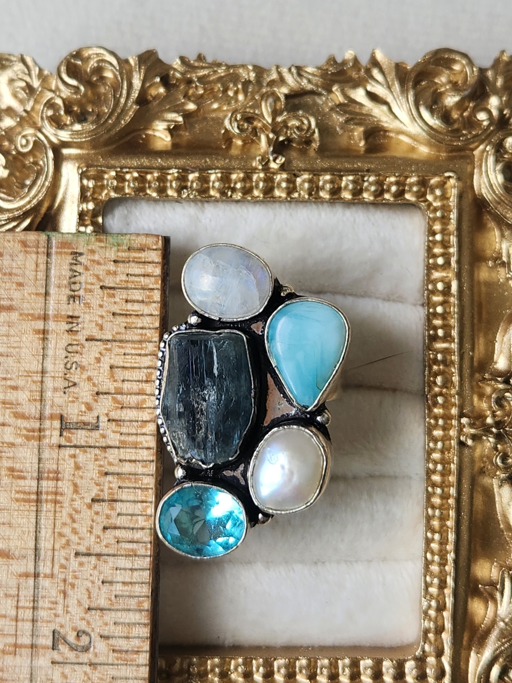 Vtg 925 Sterling Silver Multi Gemstone Cluster Ring Moonstone Larimar Kyanite 8 - Picture 5 of 7